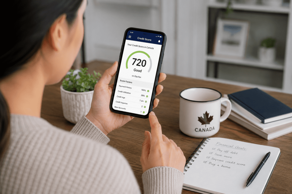 Woman checking her credit score on phone in Canada