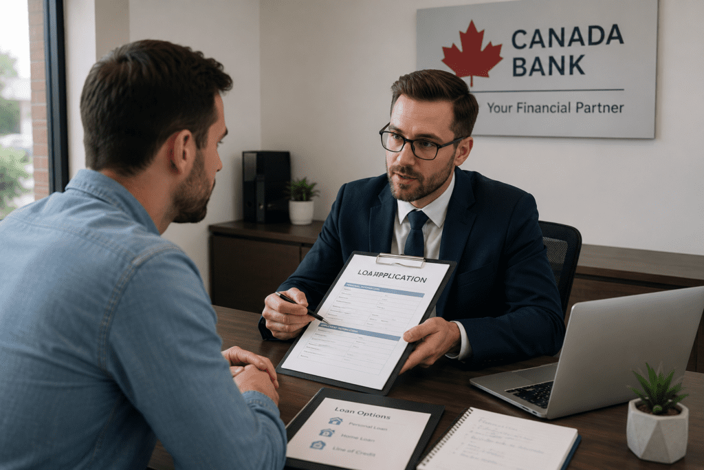 Lender reviewing loan application with bad credit borrower in Canada